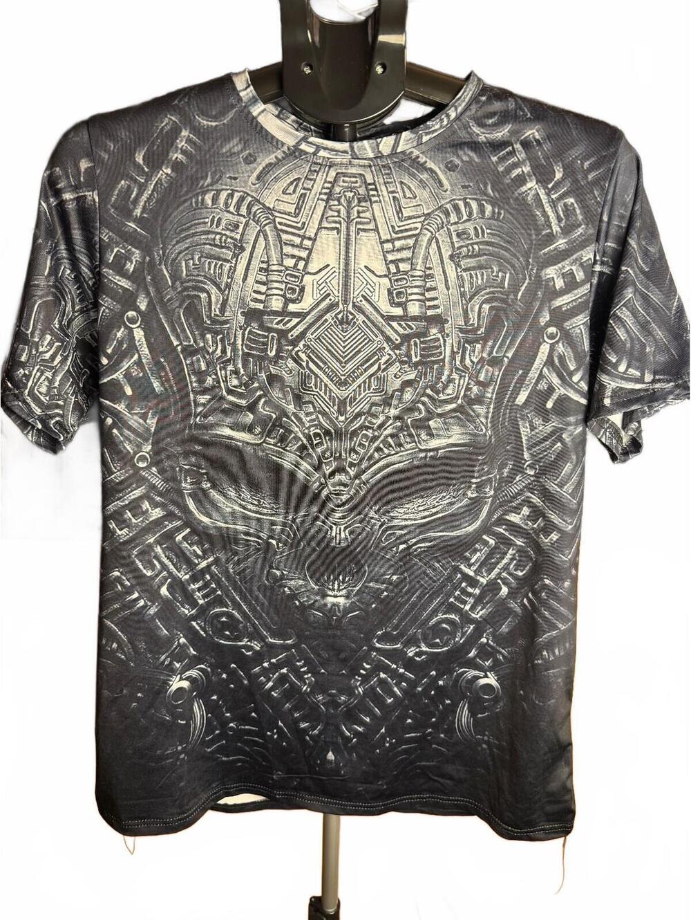 Black and Gray Sci-Fi cyber skull all over sz L futuristic gothic metal